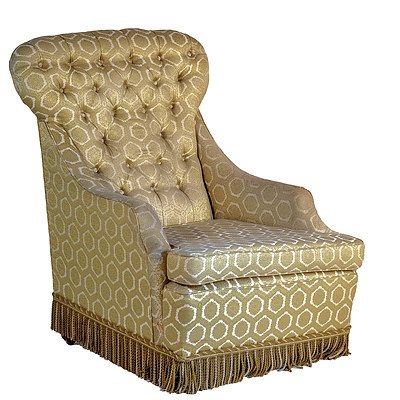 Satin Brocade Upholstered Edwardian Lounge Chair Circa 1910