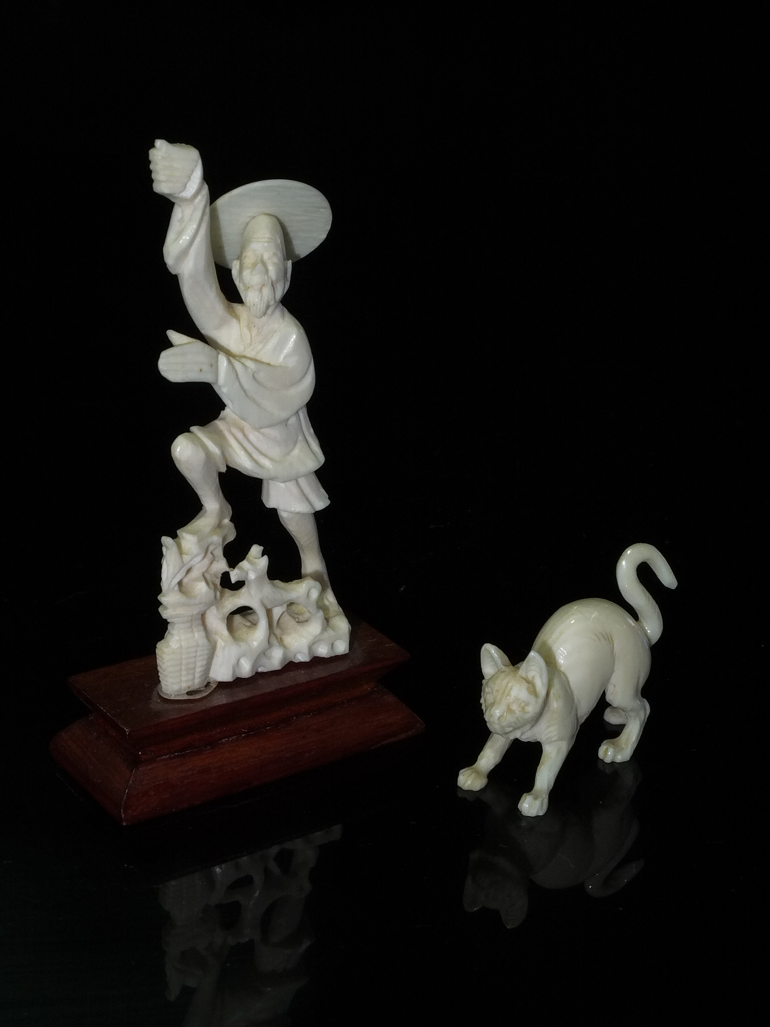 'Miniature Ivory Chinese Fisherman and Ivory Cat Early to Mid 20th Century'