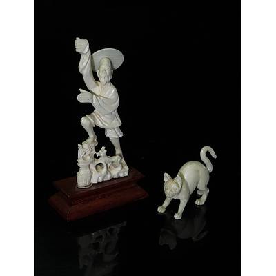 Miniature Ivory Chinese Fisherman and Ivory Cat Early to Mid 20th Century