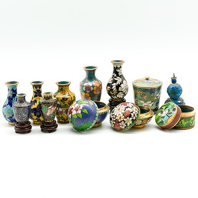 Group of Miniature Chinese Cloisonne Vases and Vessels