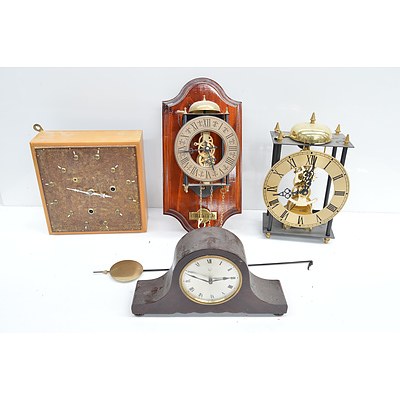 Four Clocks Including, Mantle Clock and Skeleton Clock