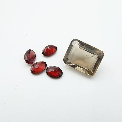 Emerald Cut Smoky Quartz and Four Oval Facetted Red Garnet Loose Gems