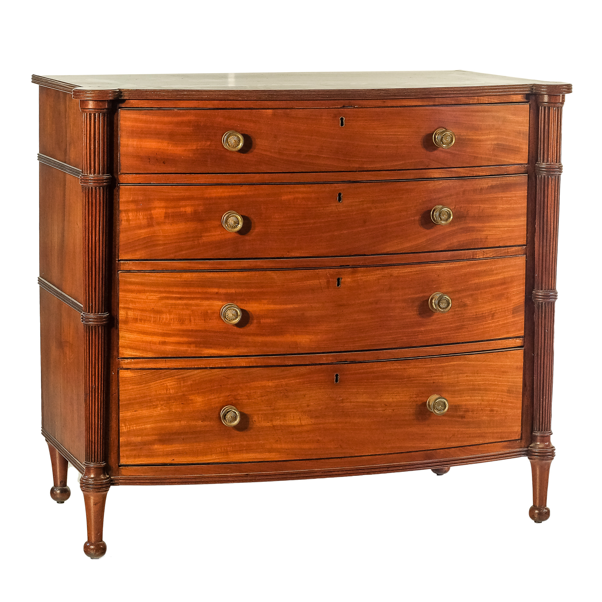 'Regency Period Mahogany Bowfront Chest of Drawers with Tapered Fluted Pilasters in the Manner of Gillows Circa 1820'