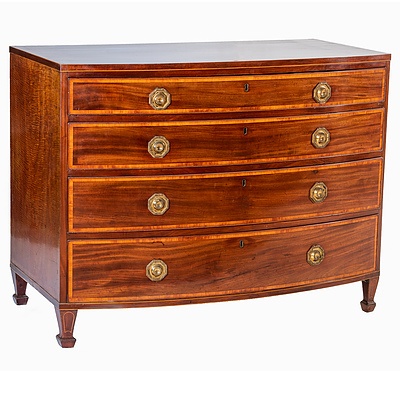 George III Bowfront Mahogany and Satinwood Crossbanded Chest of Drawers Circa 1810