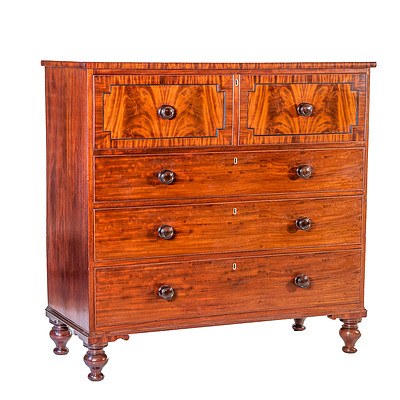 George IV Mahogany and Satinwood Lined Secretaire Chest with Ebony Line Inlay Circa 1830