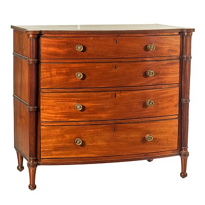 Regency Period Mahogany Bowfront Chest of Drawers with Tapered Fluted Pilasters in the Manner of Gillows Circa 1820