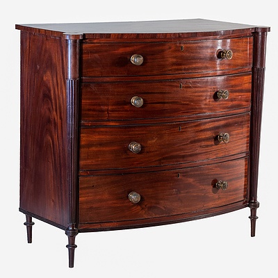Regency Mahogany and Ebony Strung Bowfront Chest with Tapered Fluted Pilasters in the Manner of Gillows Circa 1820