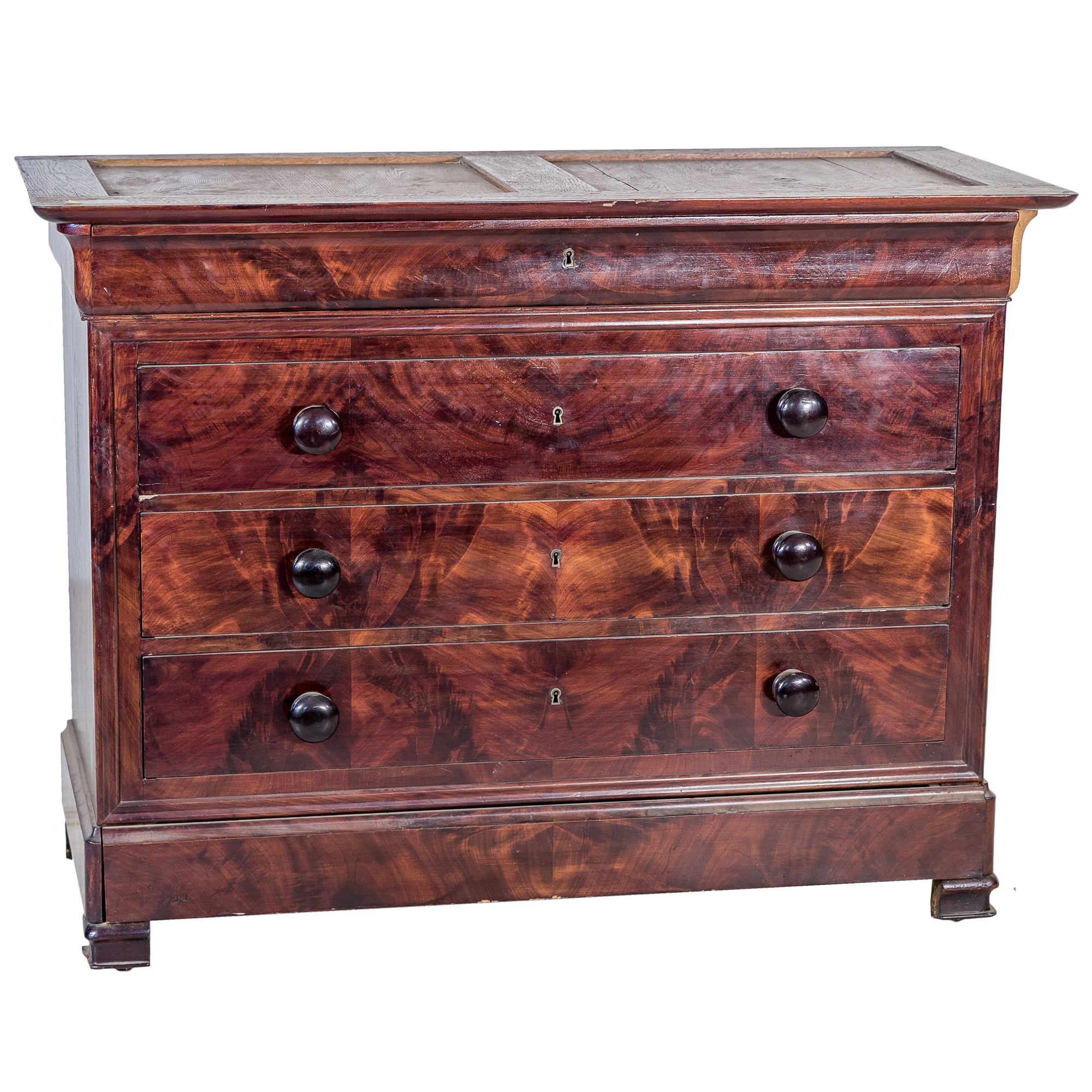 'Late 19th Century Flame Mahognay Commode Lacking Marble Top'