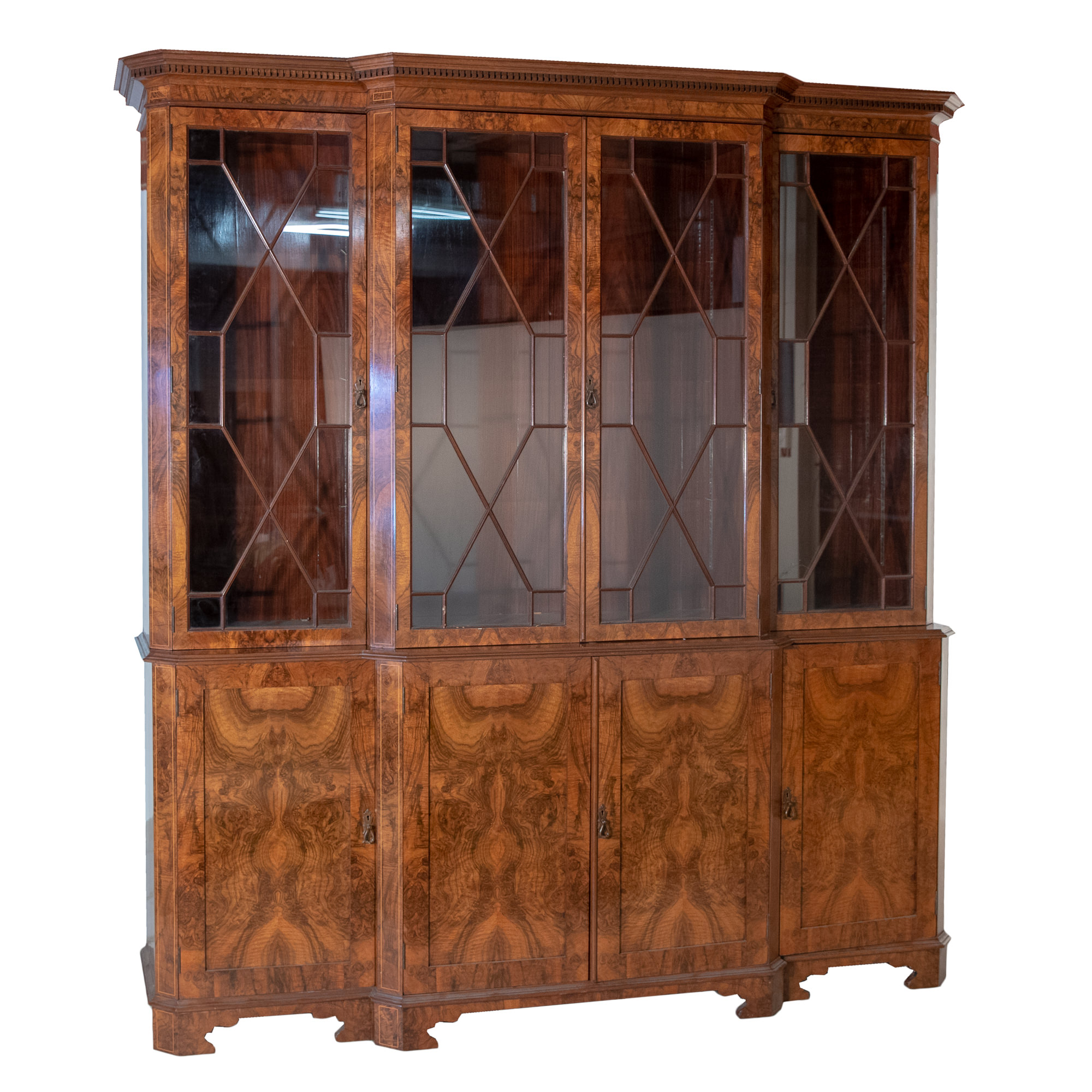 'Large George III Style Walnut Astragal Glazed Breakfront Bookcase English Late 20th Century'
