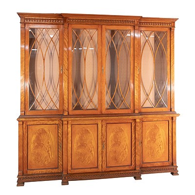Large Sheraton Revival Satinwood Breakfront Display Cabinet Bookcase 20th Century