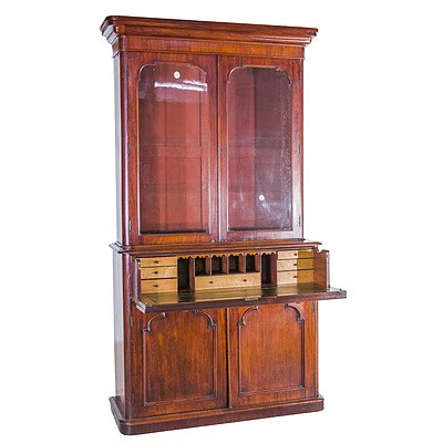 Victorian Mahogany Secretaire Bookcase with Birdseye Maple Veneered Interior