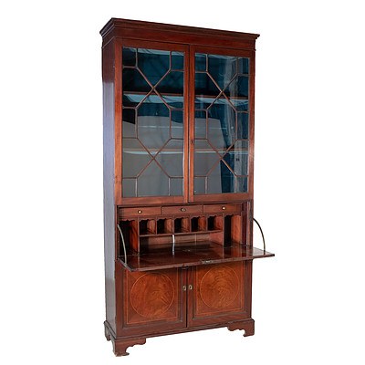 Georgian Style One Piece Mahogany and Boxwood Strung Secretaire Bookcase 19th Century