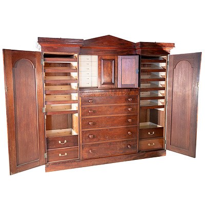 William IV Mahogany Winged Wardrobe with Central Chest and Cabinet Circa 1835