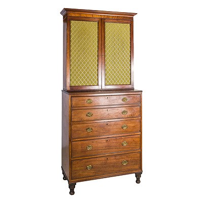 George IV Mahogany Secretaire Bookcase with Brass Gallery Doors and Pleated Satin Curtains Circa 1825