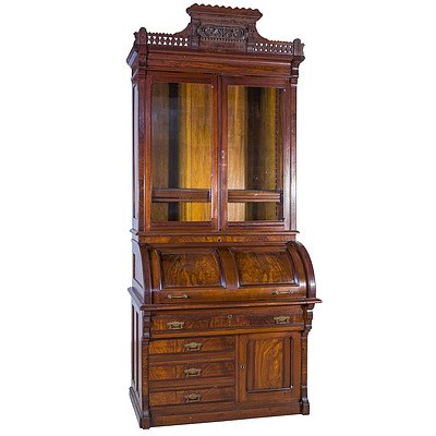 Walnut Cylinder Top Secretaire Bookcase in the Manner of Charles Eastlake Circa 1890