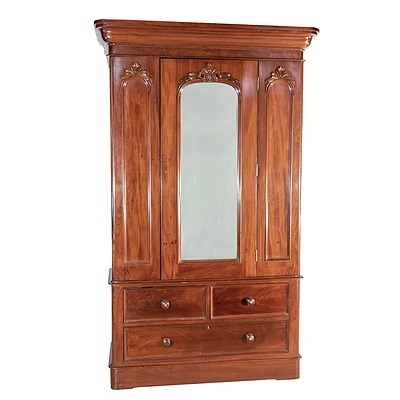 Australian Cedar Wardrobe with Central Mirrored Panel Above Drawers Late 19th Century
