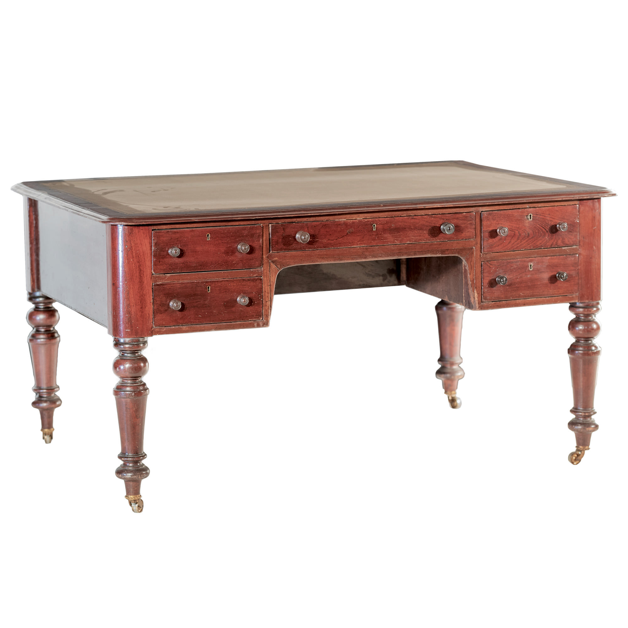 'Australian Cedar Kneehole Desk with Tooled Olive Leather Insert Late 19th Century'