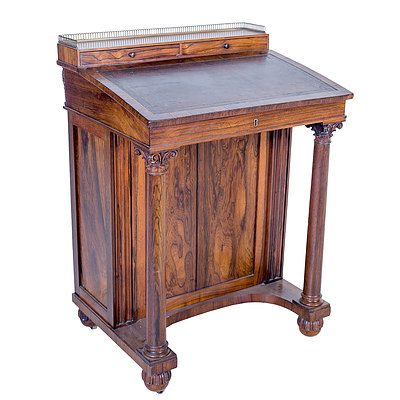 William IV Brazilian Rosewood Davenport with Brass Gallery and Tooled Leather Inlay Circa 1835