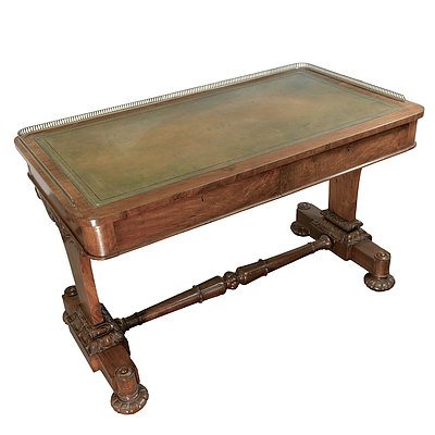 William IV Walnut Library Table with Gilt Tooled Leather Inlay and Pierced Brass Gallery Circa 1835