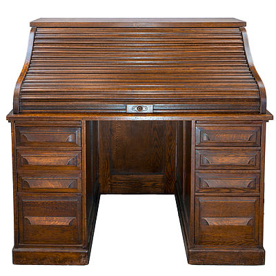 Cutler Oak Tambour Pedestal Desk Circa 1910