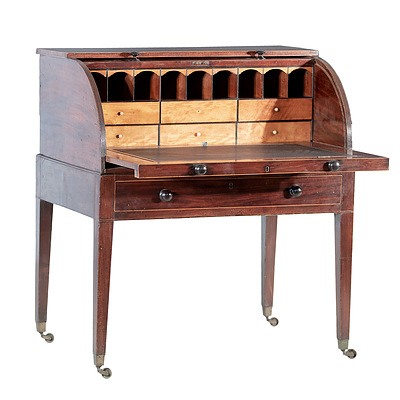 George III Mahogany and Sycamore Lined Cylinder Top Writing Desk Circa 1800