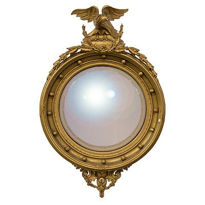 Regency Style Carved Giltwood Eagle Crested Convex Mirror