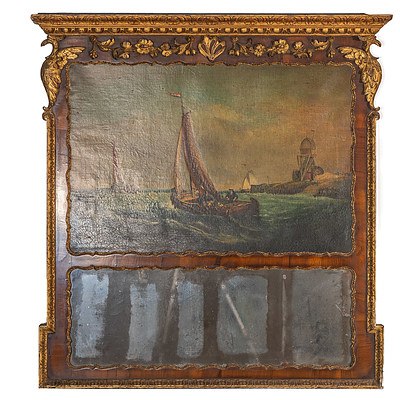 Regency Carved Giltwood And Mahogany Trumeau Mirror Painted with A Nautical Scene 19th Century