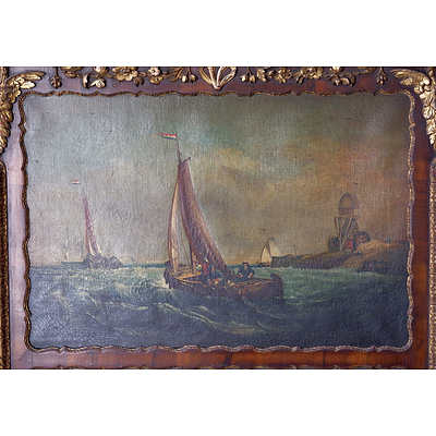 Regency Carved Giltwood And Mahogany Trumeau Mirror Painted with A Nautical Scene 19th Century