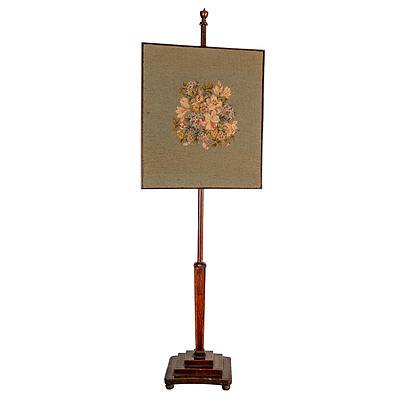 Mahogany Pole Screen with Needlepoint Embroidered Floral Panel