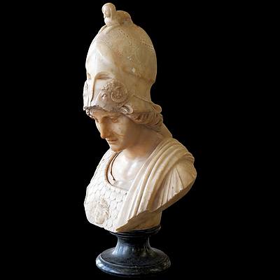 19th Century Carved Alabaster Bust of Athena on a Marble Socle
