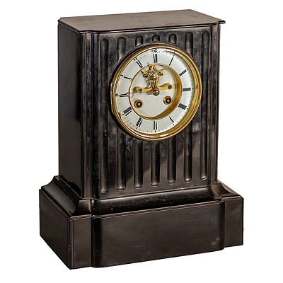 French Japy Freres Black Slate Striking Mantle Clock with Brocot Visible Escapement Circa 1880