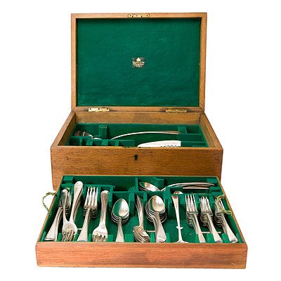 Compiled Set of Sterling Silver Bright Cut Old English Pattern Flatware in Oak Canteen 4969g