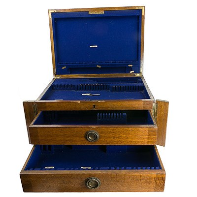 English Oak Three Drawer Cutlery Canteen with Brass Fixtures