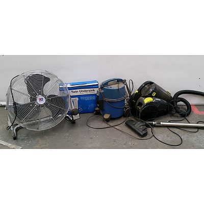 Dura Water Filter, TQ Floor Fan, and Homemaker and Hitachi Vacuum Cleaners