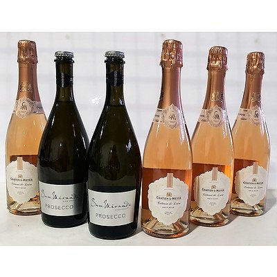 Lot of 6 Mixed Sam Miranda King Valley Prosecco and Gratien & Meyer Brut-Rose = RRP=$180.00