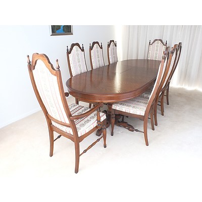 Antique Style Berryman Furniture Chestnut Extention Dining Suite with Eight Throne Back Brocade Upholstered Chairs