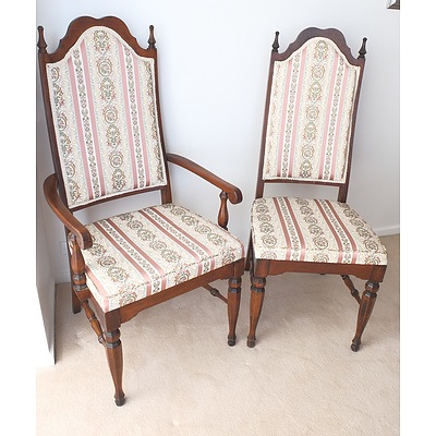Antique Style Berryman Furniture Chestnut Extention Dining Suite with Eight Throne Back Brocade Upholstered Chairs