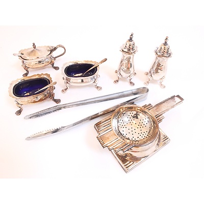 Three Piece Silver Plate Condiment Set, Salt and Pepper Pots, Tea Strainer and Tongs