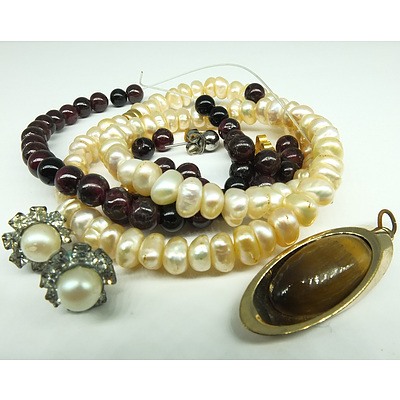 Broken Garnet Necklace, Tiger Eye in Metal Mount and a Bracelet of Fresh water Pearls