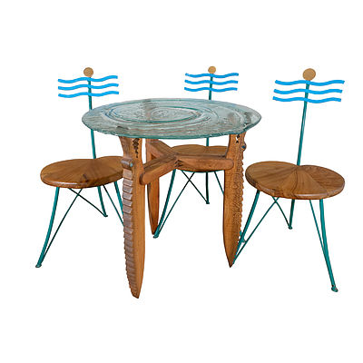 Bespoke Artisan Glass, Silky Oak and Wrought Iron Table and Chairs Carved with Crocodile Form Supports