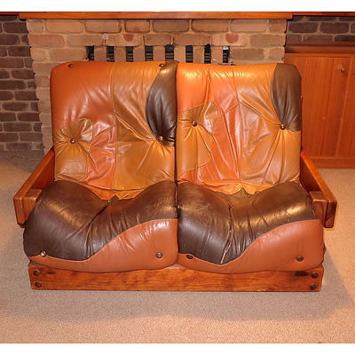 Genuine Post and Rail Brand Three Piece Pine and Leather Lounge Suite 1970s