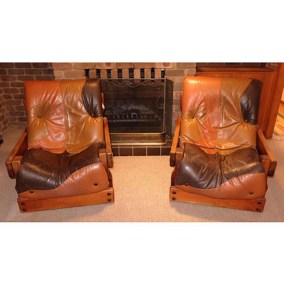 Genuine Post and Rail Brand Three Piece Pine and Leather Lounge Suite 1970s