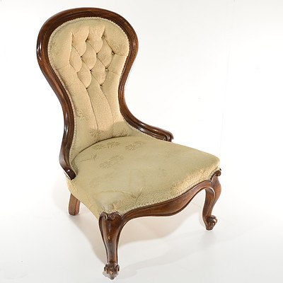 Victorian Mahogany Grandmother Chair Circa 1880 with Buttoned Brocade Upholstery
