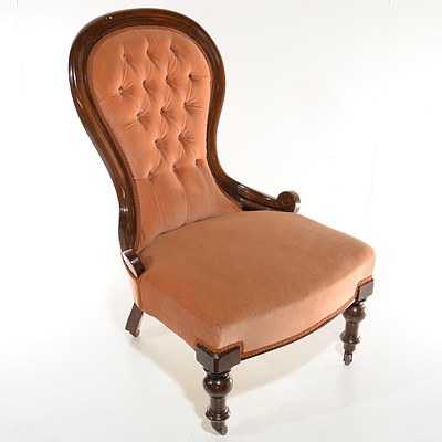 Victorian Mahogany Grandmother Chair Circa 1880 with Red Buttoned Upholstery