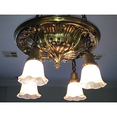 Original Brass Hanging Light with Lithophane Glass Shades Circa 1920s