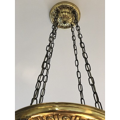 Original Brass Hanging Light with Lithophane Glass Shades Circa 1920s
