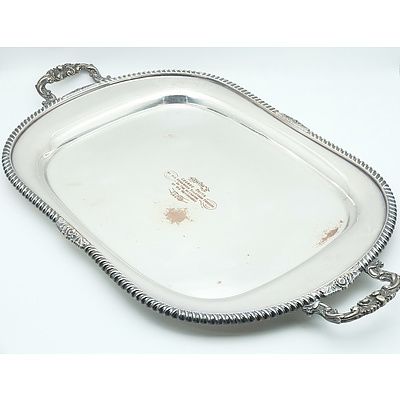 Hecworth Reproduction Old Sheffield Silver Plate Butlers Tray with Chased Border and Inscription