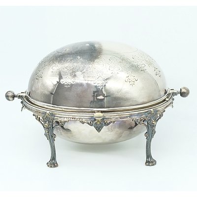 Engraved Silver Plate Rotating Breakfast Dish with Shell and Lions Paw