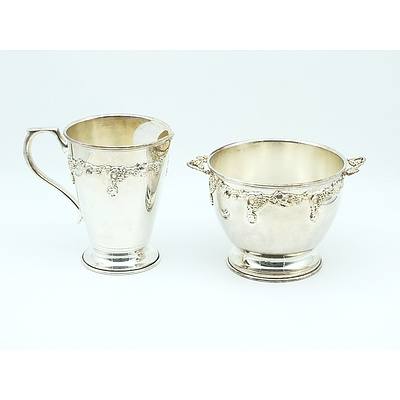 Crusader Silver Plate Ice Bucket and Water Pitcher with Vine and Grape Motif