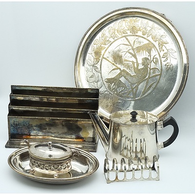 Group of Silver Plate Including Porcelain Mounted Container, Two Stomp Raised Comports and More